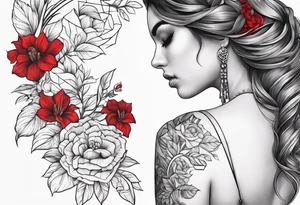 july 24th in roman numerals on the left side of chest and red flowers on other side of shoulder going down to the chest tattoo idea