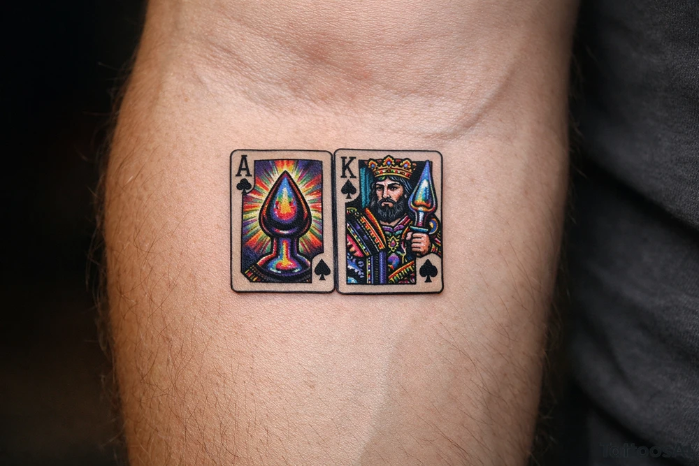 Two regal playing cards, Ace and King of Spades, stylized butt plugs as spades tattoo idea