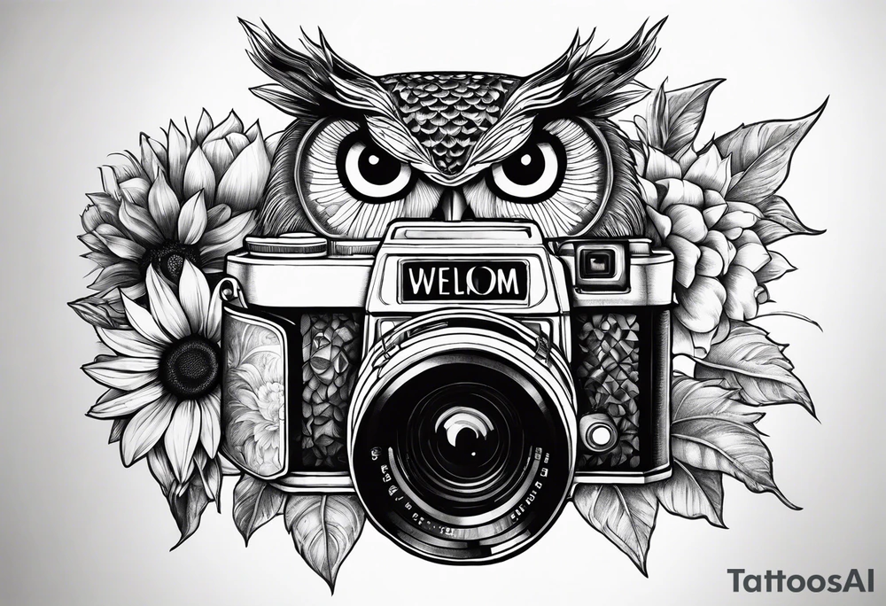 sunflower, camera, fish, owl tattoo idea