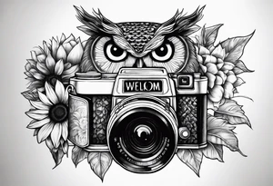 sunflower, camera, fish, owl tattoo idea