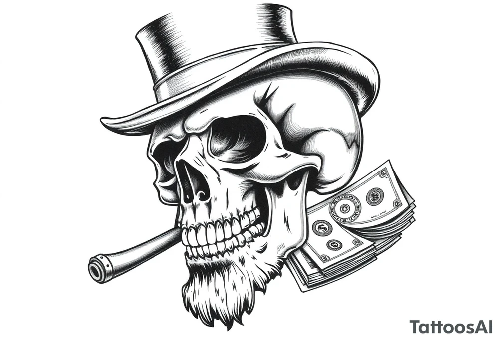 skull with mustache,a big cigar in his mouth,a top-hat on his head and alot of money in a hand. tattoo idea