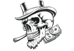 skull with mustache,a big cigar in his mouth,a top-hat on his head and alot of money in a hand. tattoo idea