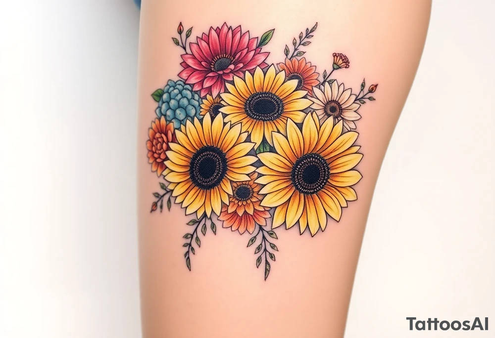 Bouquet of sunflowers, water Lillies, dahlias, marigolds, carnations, hydrangeas, daisys, and chrysanthemums tattoo idea