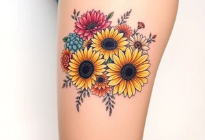 Bouquet of sunflowers, water Lillies, dahlias, marigolds, carnations, hydrangeas, daisys, and chrysanthemums tattoo idea