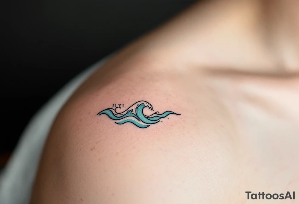 Fine-line II.VI.MMXX in dark ink on the inner bicep, with stylized waves in desaturated teal flowing beneath. tattoo idea