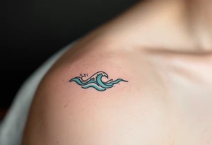 Fine-line II.VI.MMXX in dark ink on the inner bicep, with stylized waves in desaturated teal flowing beneath. tattoo idea