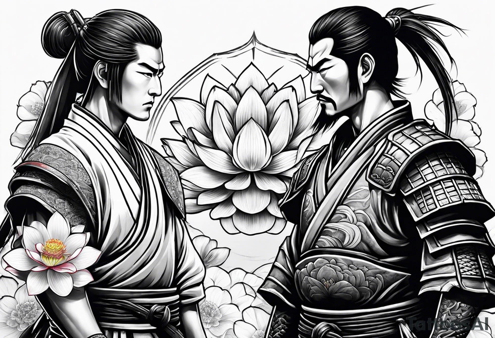 Samurai warrior and spartan warrior facing off, include lotus flowers in the background, both warriors should appear aggressive looking ready for battle, forearm sleeve tattoo idea