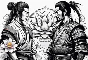 Samurai warrior and spartan warrior facing off, include lotus flowers in the background, both warriors should appear aggressive looking ready for battle, forearm sleeve tattoo idea
