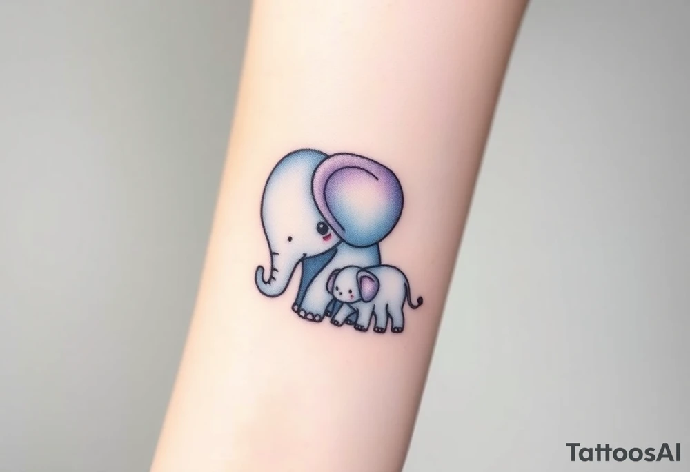 A mother elephant  with her baby, with soft blues and purples representing wisdom and protection. tattoo idea