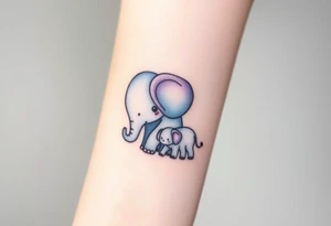 A mother elephant  with her baby, with soft blues and purples representing wisdom and protection. tattoo idea