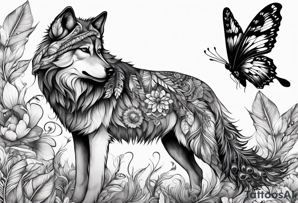 Wolf puppy, peacock feather, butterfly,, hummingbird tattoo idea