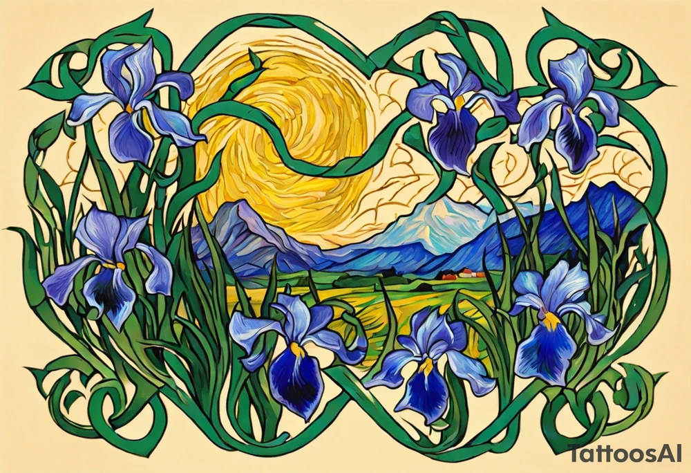 Create a condensed, thick, colorful Vincent van Gogh's Irises tattoo, with vines in Celtic knots gracefully holding mountains. The intended placement is on the upper chest. The overall design should be small in size while maintaining a delicate and artistic aesthetic. Pay attention to the graceful flow of the vines and the placement of the irises to achieve a refined and elegant look. tattoo idea
