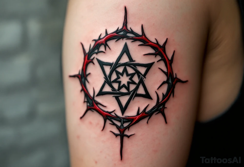 A black protective sigil on parchment-toned skin, encased in a circle of red thorns. tattoo idea