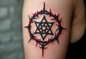 A black protective sigil on parchment-toned skin, encased in a circle of red thorns. tattoo idea