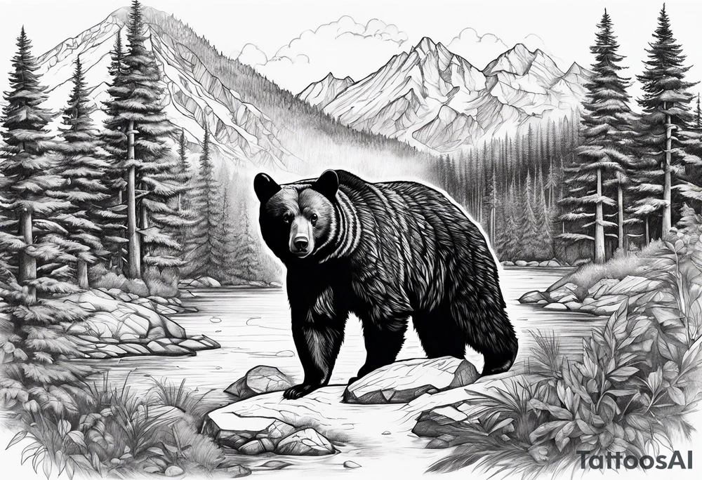 black bear mountain forest tattoo idea