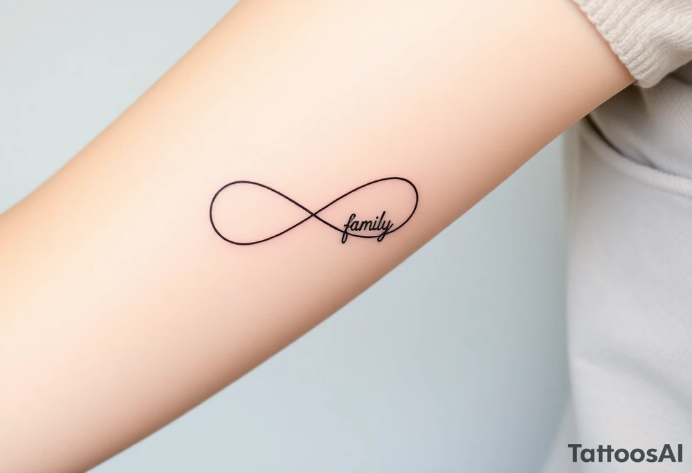 A minimalist infinity symbol composed of thin, intersecting lines, with the word "family" subtly incorporated along the curve in a contemporary font tattoo idea