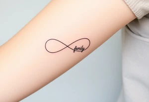 A minimalist infinity symbol composed of thin, intersecting lines, with the word "family" subtly incorporated along the curve in a contemporary font tattoo idea