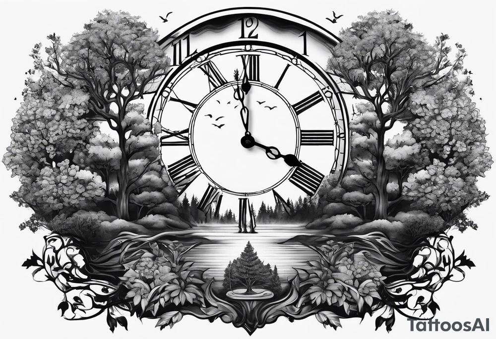 clock, time, trees, underground tattoo idea
