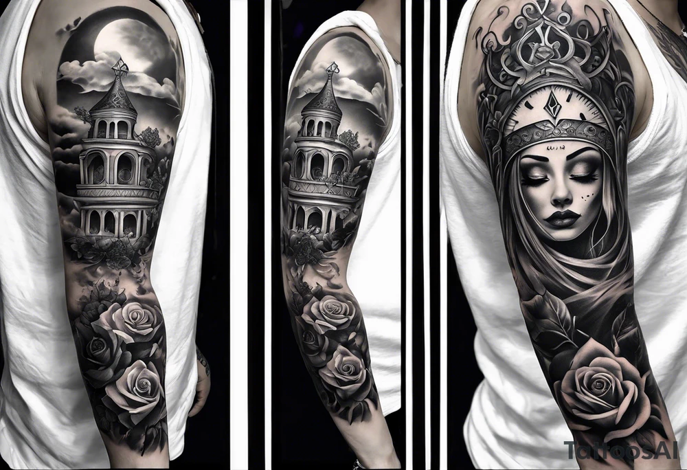 Full right arm sleeve  a crown and third eye with a hour glass instead the hour glass brain cover in in clouds and a heart cover in grass and roots with roses and smoke all over the arm tattoo idea