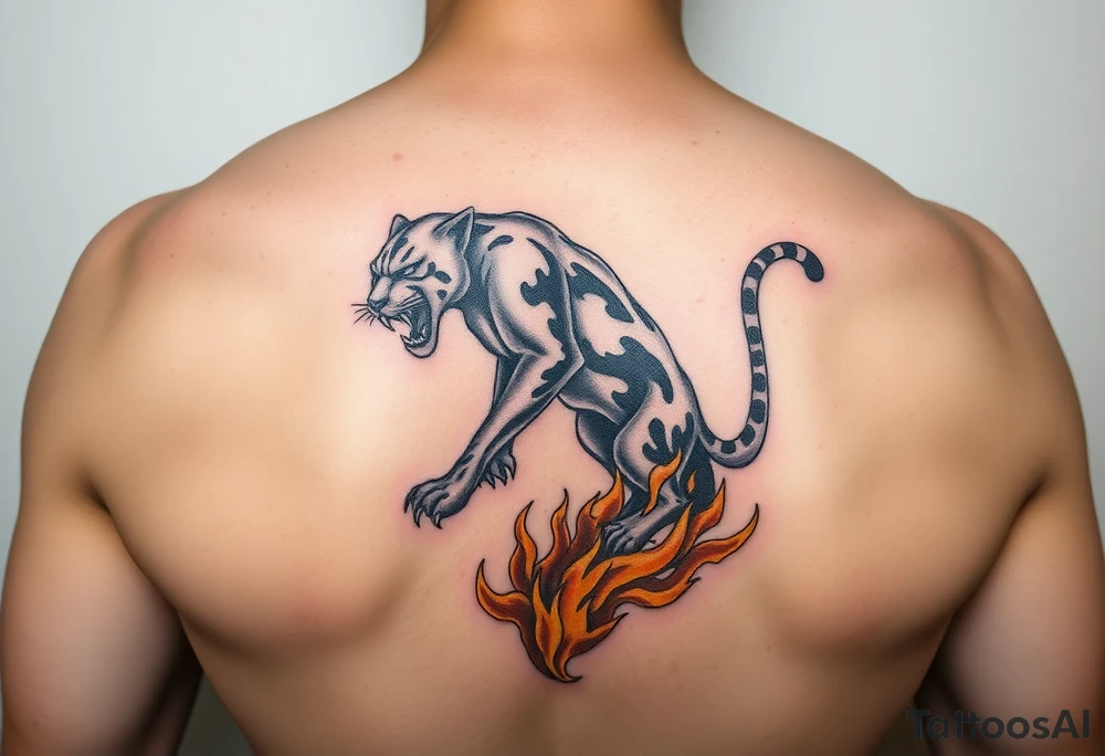 magnificent panther rising from golden flames with trailing embers tattoo idea