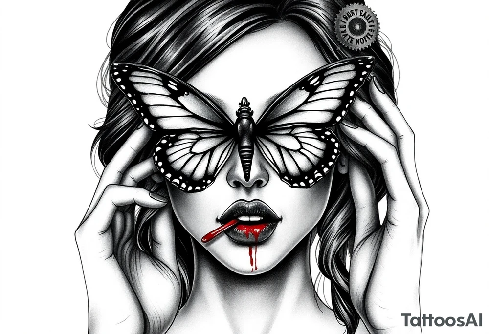 Black and grey realism tattoo design of a beautiful woman's face. And a butterfly landing g on her on the upper bridge of her nose so that the lower wings of the butterfly is covering both her eyes  the butterflys right lower wing is covering her right eye and the lower left of the butterfly wing is covering her left eye  (see no evil), she is bitting on her lip hard to where it is bleeding bright red(speak no evil). Wuth her left hand iver her left ear and her right hard over her right ear ( hear no evil )The style is black and grey realism, hyper-realistic, dark, and evil. Incorporate ninja gear elements and mechanical details (gears) subtly into the background or clothing for a gear ninja evil look. Design for a full forearm sleeve placement tattoo idea