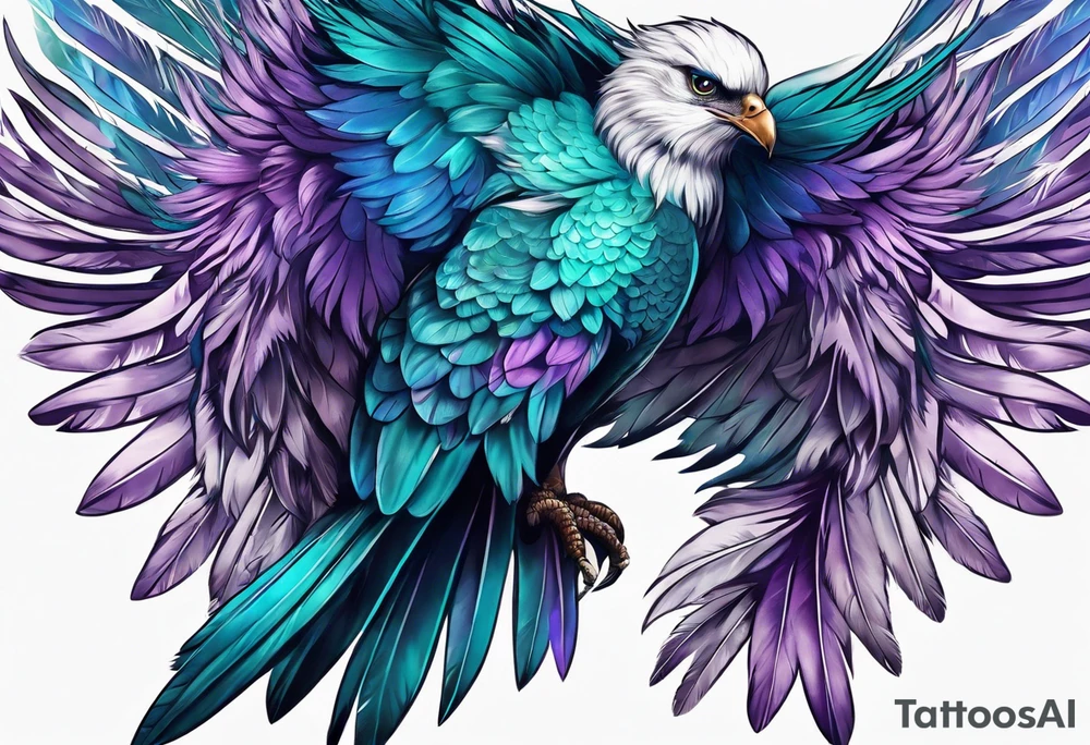 Phenoix on hip down into thigh with feathers that have teal purple and blue tattoo idea