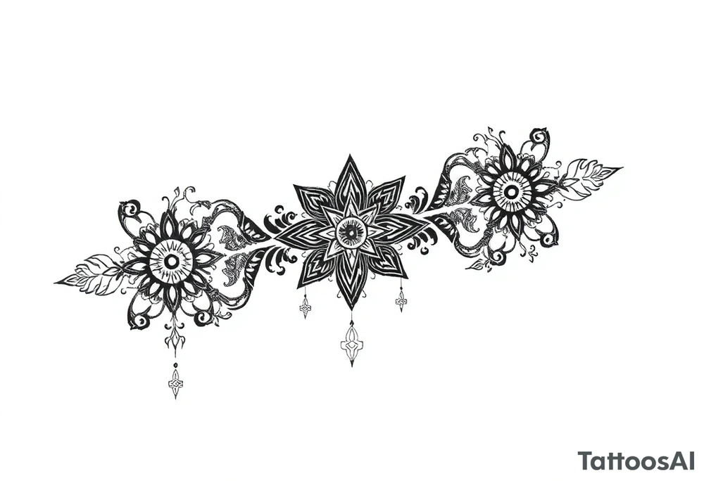 mystical long ornament tattoo with shaman and witch style and ancient rhyme tattoo idea