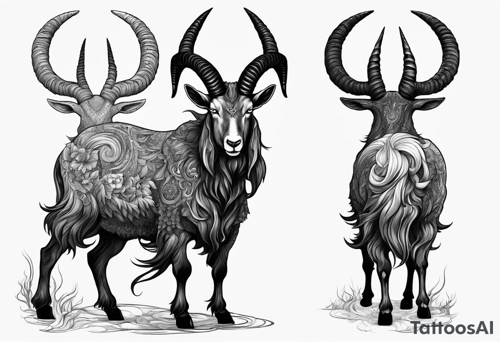 Evil Satanic goat with horns (full body) in a forest tattoo idea