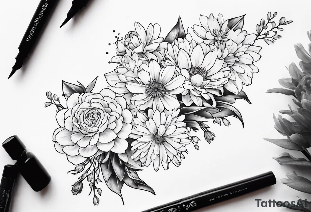 Asters, roses, lily of the valley, and chrysanthemums in a long line tattoo idea