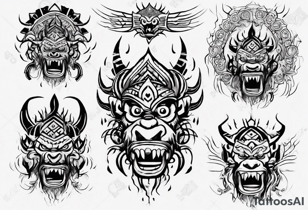 Not that angry Hindu monster with connecting lines going out of it tattoo idea