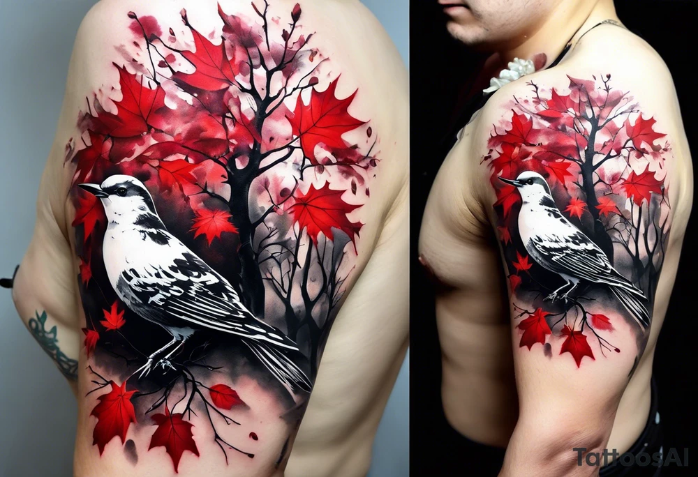 trash polka style. Arm tattoo. chest tattoo. Long tattoo. large tattoo. Full sleeve. Shoulder. A single large maple tree with red autumn leaves that branches upwards from wrist to shoulder. White-throated dipper bird on the trees branches. Calluna flowers at the base of the trees stem. Tree stem has dark colors. Red/yellow sunset behind the trees stem. Leaves falling. tattoo idea