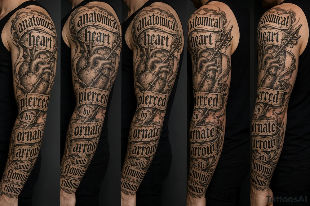 anatomical heart pierced by ornate arrow with flowing ribbons tattoo idea