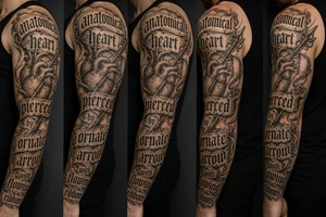 anatomical heart pierced by ornate arrow with flowing ribbons tattoo idea