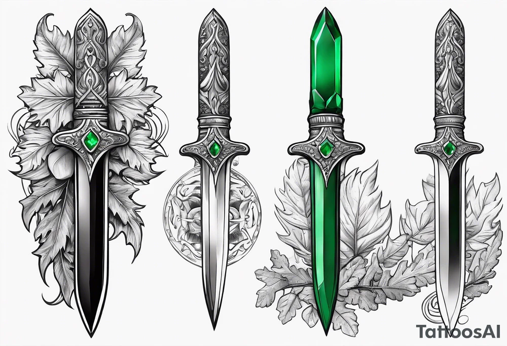 An athame dagger with an oak hilt turned upright and emerald gemstones on it tattoo idea