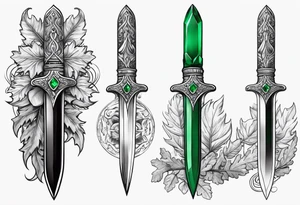 An athame dagger with an oak hilt turned upright and emerald gemstones on it tattoo idea