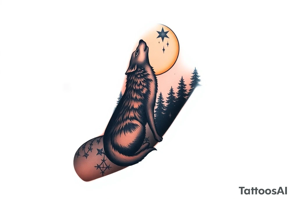Lone wolf howling at the moon in the forest in the night Columba star tattoo idea