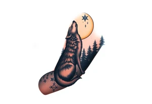 Lone wolf howling at the moon in the forest in the night Columba star tattoo idea