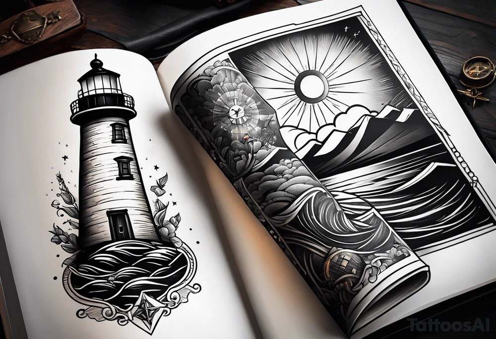 lighthouse shining light onto open book and a compass to wrap around forearm tattoo idea lighthouse shining light onto open book and a compass to wrap around forearm tattoo idea
