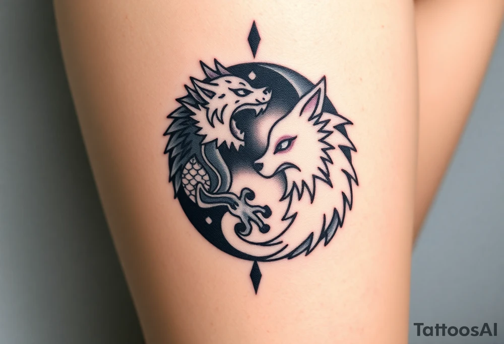 Ying yang symbol with one side a dragon and one side a wolf tattoo idea