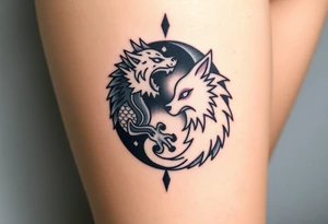 Ying yang symbol with one side a dragon and one side a wolf tattoo idea