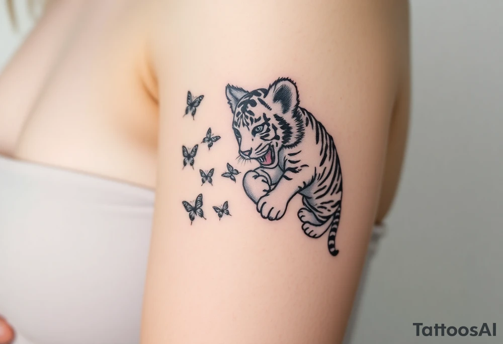 Tiger cub playing with butterflies tattoo idea