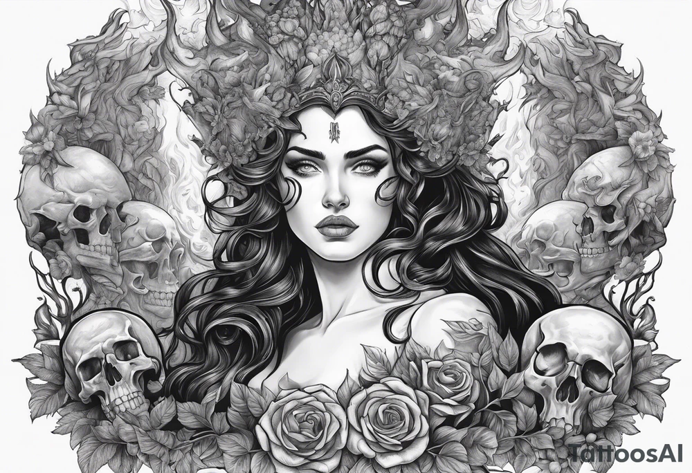 Hades and Persephone in Hell surrounded by skulls and fire tattoo idea Hades and Persephone in Hell surrounded by skulls and fire tattoo idea