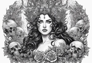Hades and Persephone in Hell surrounded by skulls and fire tattoo idea