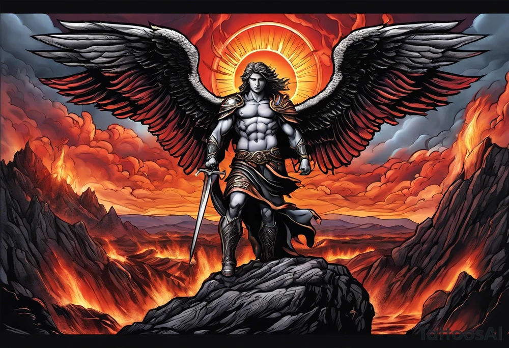 Michael the Archangel standing on top of the devil laying on rock over hot lava.  Clouds and lightning in background. tattoo idea