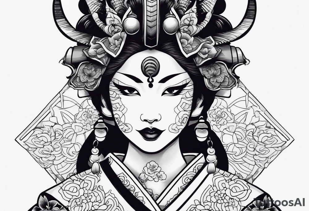 geisha wearing oni mask tattoo idea