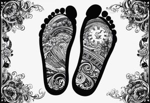 Baby footprint with child's birth information surrounded by music related iconograohy tattoo idea