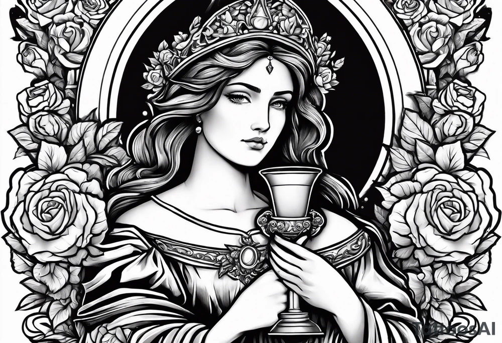 Saint Barbara holding a chalice with cannons behind her surrounded by roses tattoo idea