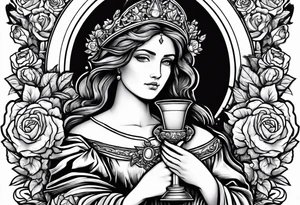 Saint Barbara holding a chalice with cannons behind her surrounded by roses tattoo idea