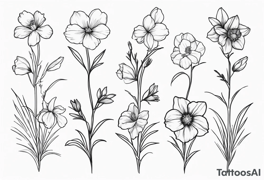 a vertical minimalist style line art tattoo of a bouquet of violets, daffodils, gladiolus, and cosmos tattoo idea