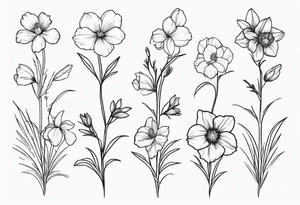 a vertical minimalist style line art tattoo of a bouquet of violets, daffodils, gladiolus, and cosmos tattoo idea